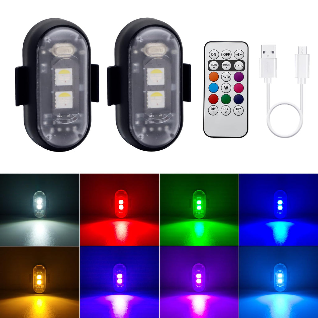 LECART Wireless Led Lights for Car Motorcycle Bike 8 Colors Led Anti-Collision Strobe Lights with Remote Control Rechargeable Flashing Light 2 Pcs