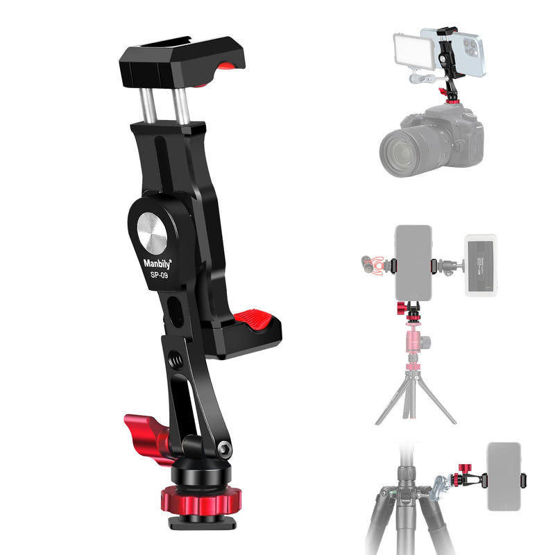 Manbily Phone Tripod Mount, Metal Smartphone Mount Adapter Camera Hot Shoe Mount, 360° Swivel 180° Flip Adjustable Phone Holder for Microphone LED Light（SP-09