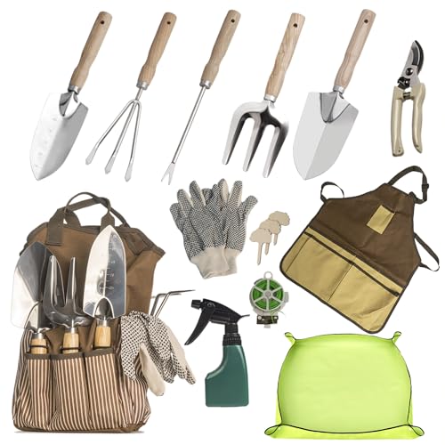 13-Piece Garden Tools Set with Tote Bag & Apron, Repotting Mat - Stainless Steel Heavy Duty Planting Kit, Ergonomic Non-Slip Handles - Gardening Gift for Women, Mom, Home Gardeners WHA-13PCS