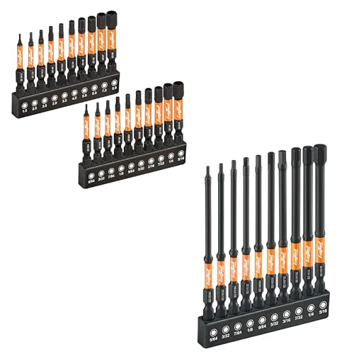 toolant Impact Hex Head Allen Wrench Drill Bit Set 20pcs(Metric&SAE), 4" Long Hex Bit Set 10pcs(SAE), 1/4" Hex-Shank S2 Steel, CNC Machined Tips with Magnetism