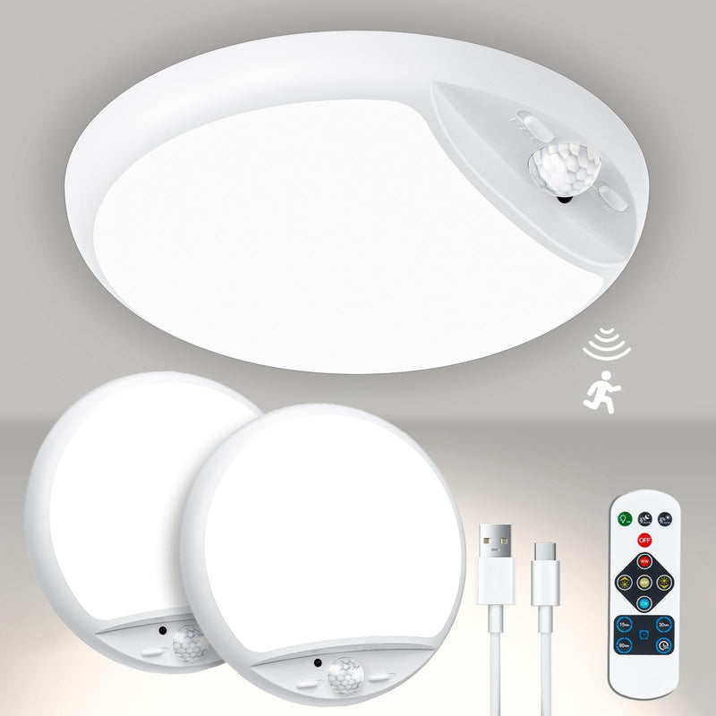 Rechargeable Motion Sensor Light with Remote,7.5inch 600LM 10000mAh Battery Powered Ceiling Light Motion Sensor Battery Operated Lights indoor,Battery Pir Light for Loft Garage Hallway Bathroom-2Pack 2 PACK