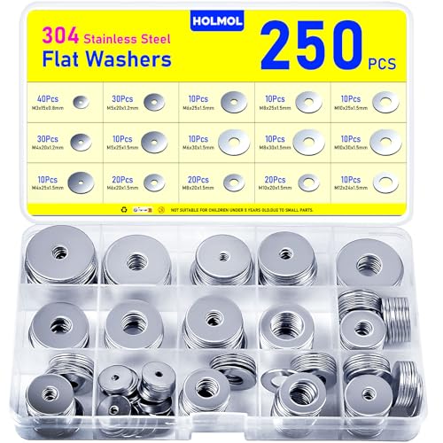 250PCS Flat Washers, HOLMOL Washers for Screws, Stainless Steel Fender Washer Assortment with 15 Sizes M3 M4 M5 M6 M8 M10 M12, Metal Assorted Large Washer Set 250pcs 250