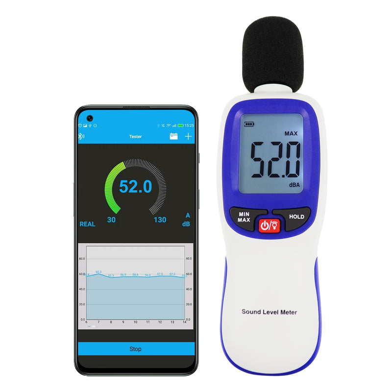 Sound Level Meter, Digital Sound Level Meter with Bluetooth Enabled Decibel Meter 30~130dBA Range MAX/MIN Data Hold with LCD Display and Backlight for Home, School Bluetooth sound level meter