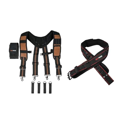 MELOTOUGH Magnetic Suspenders Tool Belt Suspenders with Large Moveable Phone Holder, Pencil Holder, Padded Tool Belt with D ring for men construction Strong Durable Double Metal Roller Buckle