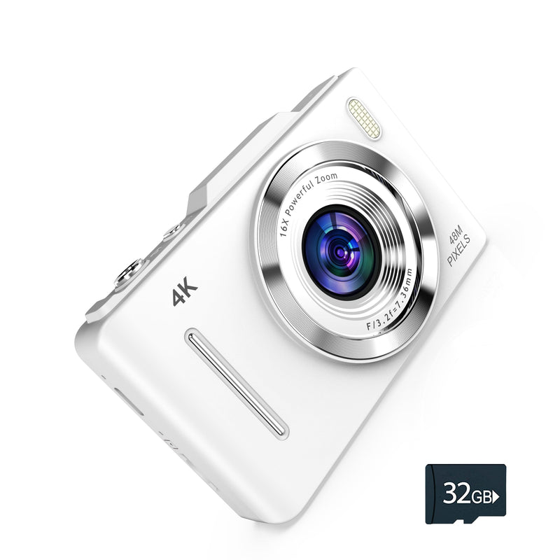 4K Digital Camera - 48MP Photos 32GB SD Card & Lanyard Included - Travel-Friendly, Digital Point and Shoot Camera, Kid-Sized, Small Camera Gift for Kids, Girls, Students & Teens White