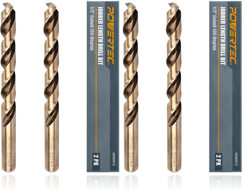 POWERTEC 1/2 Inch Cobalt Drill Bits, 4 Pack M35 HSS Cobalt Jobber Length Twist Drill Bits w/ 135° Tip, Drill Bits for Drilling Wood, Metal, Stainless Steel, Nickel Alloy, Cast Iron & Plastic (QDB2012) 1/2", 2PK (Pack of 2)
