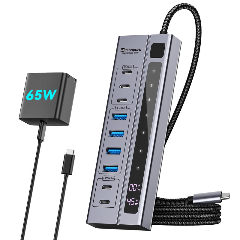 Minisopuru Powered USB C Hub – Support Max 45W Charging with 65W USB-C Power Adapter, 10Gbps, USBC Hub Charging for Meta Quest Pro, Steam, iPad Pro, iPhone, Watch (Not for Monitor) 9 in 1 PD