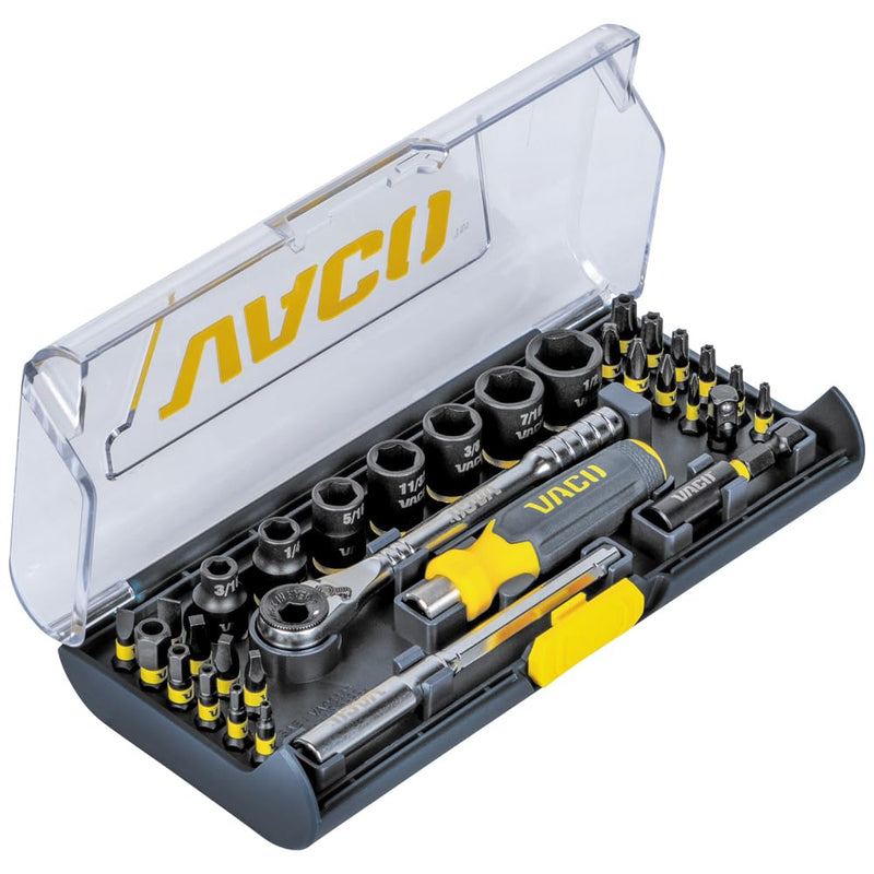 VACO VAC3321 32-Piece Metric Ratcheting Wrench and Socket Set, 1/4-Inch Ratchet, Extension, Adapter, 7 Impact Sockets, 20 Bits, Compact Case