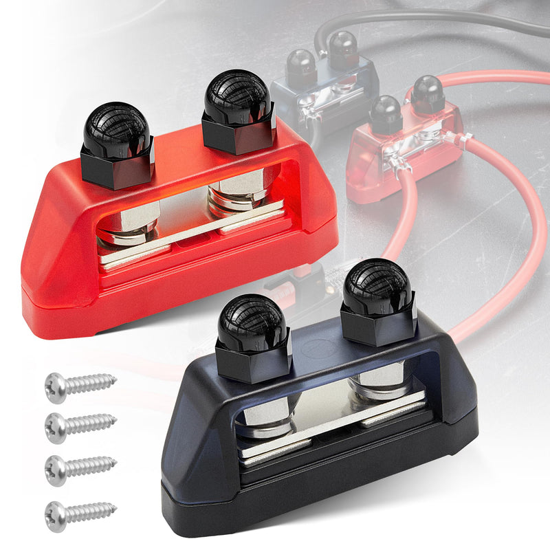 RED WOLF 2PCs 3/8" M10 Small Dual Stud Bus Bar 12-48 V Power Distribution Block Holder 250A DC MAX, Battery Terminal Junction Dual Power Stud Busbar for Car Marine Boat Red & Black Set w/Screws