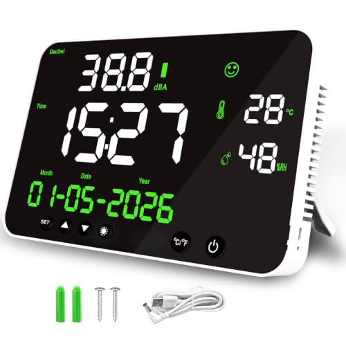 Digital Sound Level Meter 30-130dB with Alarm - Noise Decibel Monitor with Temperature,Humidity, Time, Calendar Display, 8-Level Dimmable, 11inch Screen, Wall Mounted for Classroom, Office, Factory White