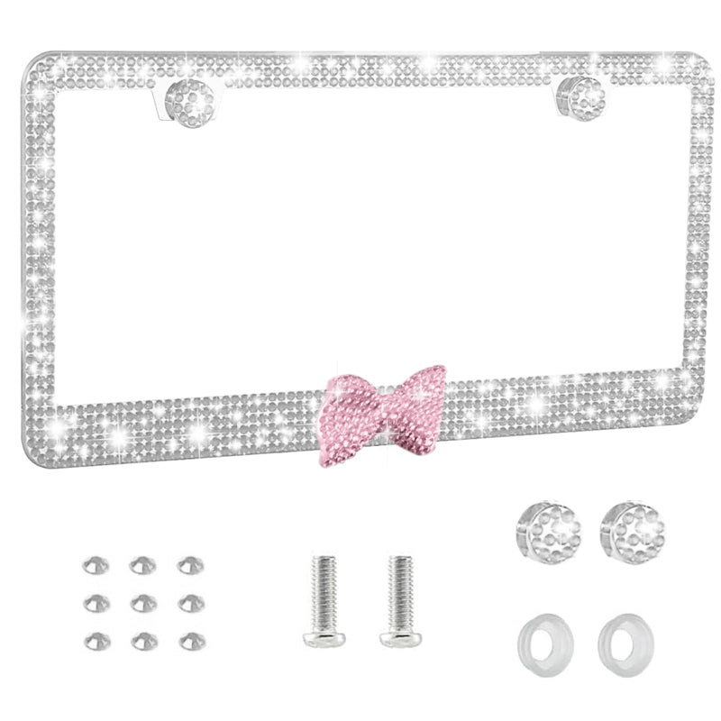 Enhance Your Ride with Bling License Plate Frames - Cute Girly Car Accessories for Women Featuring Diamond and Rhinestone Decor, Sparkly and Stylish - Great as Gifts(Pink+White Bow) Pink+White Bow