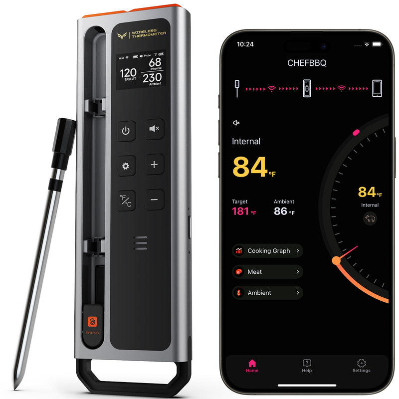 Meat Thermometer Digital Wireless, 800FT Long Range Bluetooth Cooking Thermometer, Food Thermometer for Remote Monitoring of Grill, Oven, Smoker, Air Fryer, Rotisserie, iOS & Android App Black