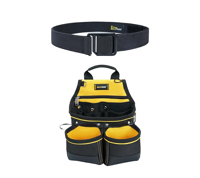 MELOTOUGH Modular EDC Tool Belt - 1.75 Inch Adjustable Black Nylon Work Belt with Metal Buckle(L)+10 Pockets Tool Pouch with Hammer Holder,Tape Measure Holder