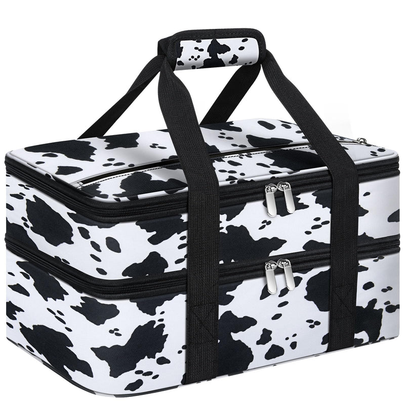Double Insulated Casserole Carrier, Portable Casserole Carrier for Hot or Cold Food Lunch Tote Warmer or Cooler Bag, Lasagna Lunch Bag for Potluck Parties- Fits 9" x 13" Baking Dish-Cow Pattern 16x10x7.2 in Cow Pattern
