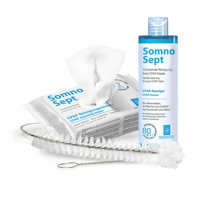 CPAP Cleaning Kit (SomnoSept 400 ml, SomnoSept Cleaning Cloths 72 Pieces, Oxyhero Brush 19 mm) - High Quality All-Round Carefree Cleaning Package Mit 19 mm Bürste