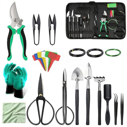 24 Piece Bonsai Tree Kit, Bonsai Trimming Tool Set, Bonsai Starter Kit, Carbon Steel Scissors Cutter Shears, Stainless Steel Rake Shovel, Gardening Pruning Tools, Gloves