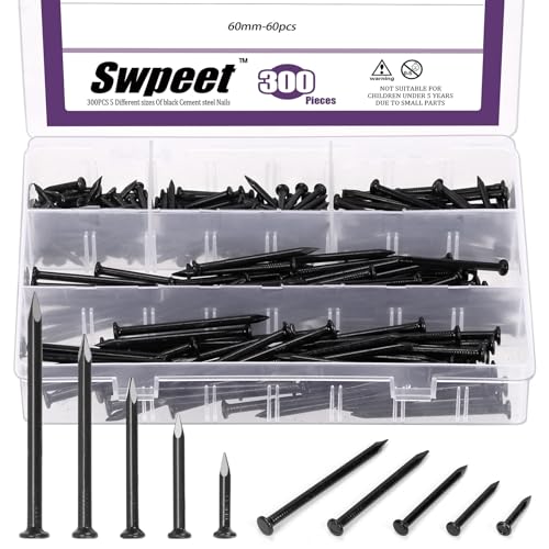 Swpeet 300Pcs 5 Sizes 3/4" 1-1/4" 1-3/5" 2" 2-3/8" Black Hardware Nails Assortment Kit，Steel Nail, Galvanized Nails, Small Nails, Finishing Nails, Wall Nails, Wood Nails, Nails for Concrete Brick