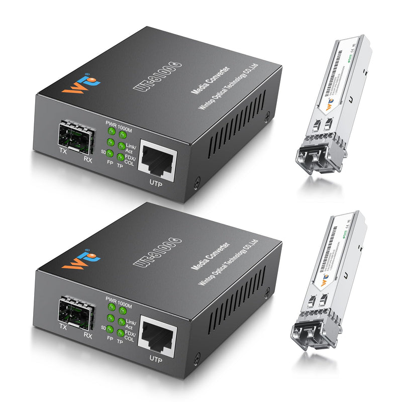 2 Pack Fiber Ethernet Media Converter, WTSFOPTC Fiber Optic Transceiver with 2 Pcs 1.25Gbps SFP Transceiver, Gigabit SFP to RJ45 Media Converter with 1000BASE-SX SFP to LC Modular (MMF,850nm,550m,DDM) Gigabit Media Converter