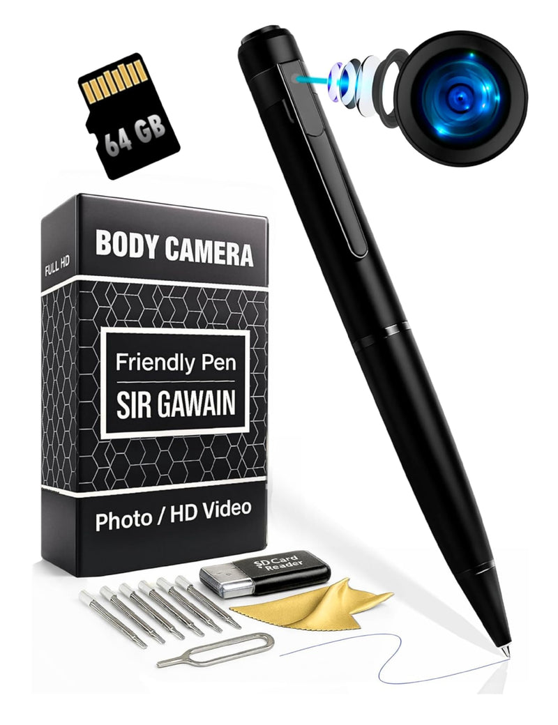 SIRGAWAIN 64GB Premium Body Camera Pen - Full HD Video and Photo, Long Battery Life, Motion Detection, Easy to Use 1080p Body Cam Royal Black + 64GB