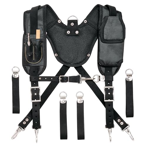 FESA Leather Tool Belt Suspenders for Men with Breathable Mesh Padding, Front Pockets & 4 Loops for Attachment to Work Belts Black