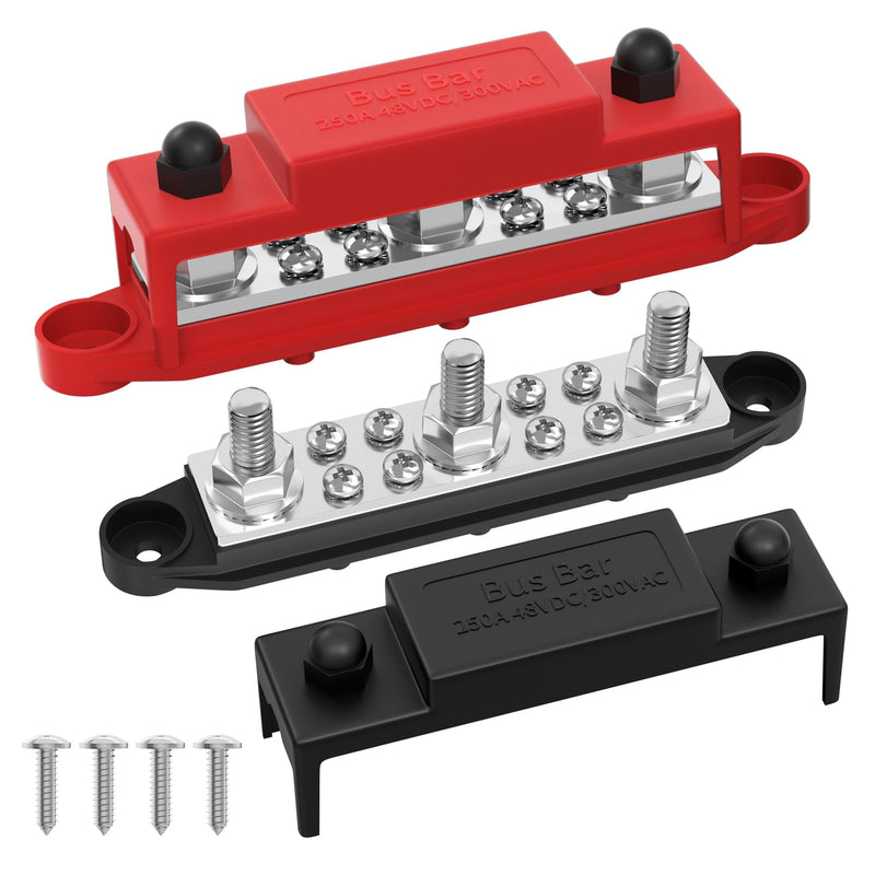 Joinfworld Bus Bar 250A 12V Power Distribution Block with 3 x 3/8"(M10) Studs Marine Bus Bar Terminal Block 12 Volt DC Battery Busbar with Cover - Negative&Positive 250A 3 x 3/8" Studs