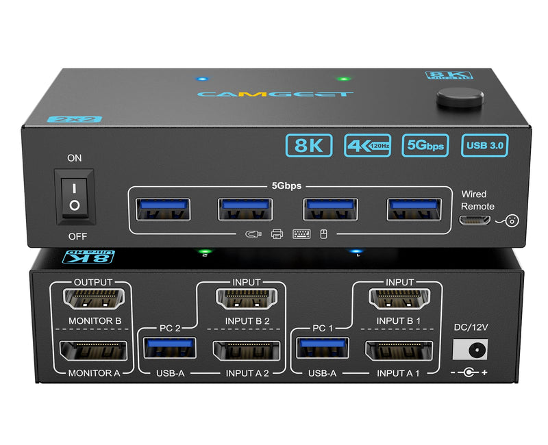 4K@144Hz KVM Switch 2 Monitors 2 Computers 8K@60Hz,Camgeet HDMI and Displayport Dual Monitor KVM Switch with 4 USB 3.0 Port for Keyboard Mouse Printer,Wired Remote,Power Adapter and USB Cable Included HDMI+DP 2 Monitors