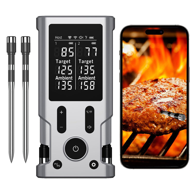 Wireless Meat Thermometer, 800FT Bluetooth Cooking Thermometer, 2 Ultra-Thin Probes, LCD Display, Digital Food Thermometer for Grill, BBQ, Smoker, Air Fryer, Rotisserie X-109