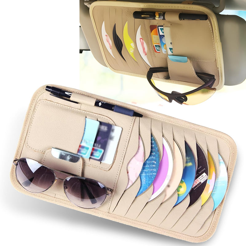 1 PC Car CD Holder, 11.88In x 6.29In Vehicle Sun Visor Organizer Pocket, Multifunctional Waterproof Leather Design, Universal Automotive Glasses Storage Accessories (Beige) 1 PC Beige