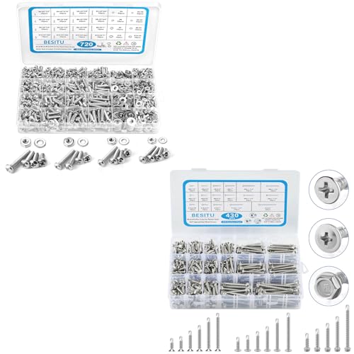Besitu 720Pcs Machine Screw 10-24#8-32#6-32#4-40 Phillips Pan Head Assorted Nuts Bolts and 430Pcs Self Tapping Screws for Metal