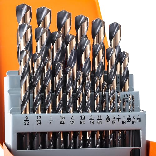 29Pcs Cobalt Drill Bit Set, 135 Degree Tip High Speed Steel with Black and Gold Finish, Stainless Steel, Plastic, and Wood with Metal Indexed Storage Case 1/16"-1/2" 1/16"-1/2" (29pcs, Black Gold)