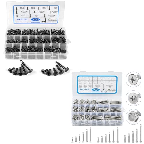 Besitu 430Pcs Silver Self Tapping Screws for Metal and 400Pcs Black Self Tapping Screws Sheet Metal Screws Bundle