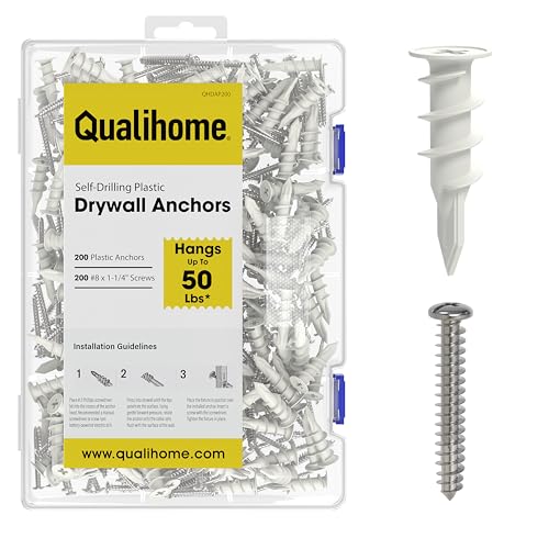 Qualihome Drywall Anchors with Screws – 400 Piece Set (200 Anchors + 200#8 x 1-1/4" Screws) | Self Drilling Drywall Anchors Heavy Duty | Wall Anchors for Drywall | Plastic Screw Anchor Kit 200 Pack
