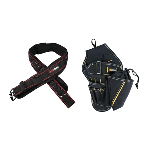 MELOTOUGH Padded Tool Belt with D ring for men construction Strong Durable Double Metal Roller Buckle,adjustable waist 33'-47 ',Right Handed Drill Holster Impact Driver Holster with Bit Pouch
