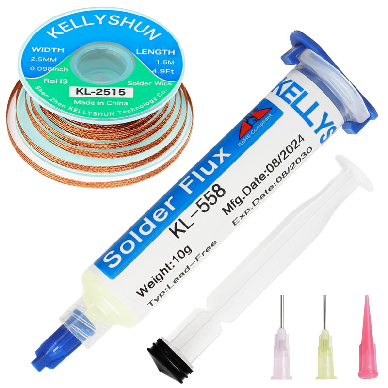 KL-558 Flux Soldering, 10 ml No-Clean Lead-Free Rosin Flux (1 Piece) 2.5 mm / 1.5 m Desoldering Braid (1 Piece), Suitable for Mobile Phone Soldering, BGA, Household Appliance Repairs KL-558