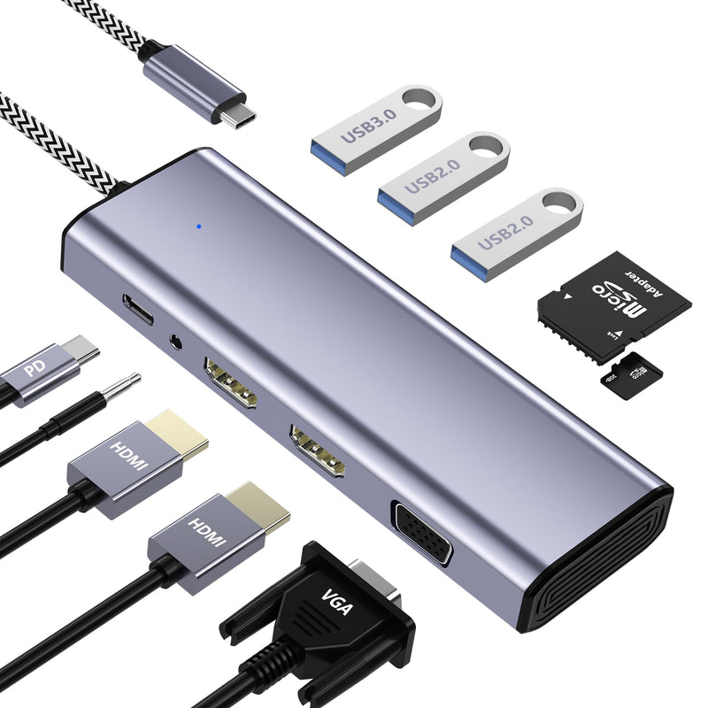 USB C Docking Station Dual Monitor, USB C to Dual HDMI Adapter, 10 in 1 Docking Station 3 Monitors with HDMI/VGA/PD/USB/SD/TF/3.5mm Audio, Compatible with Dell, HP, Lenovo
