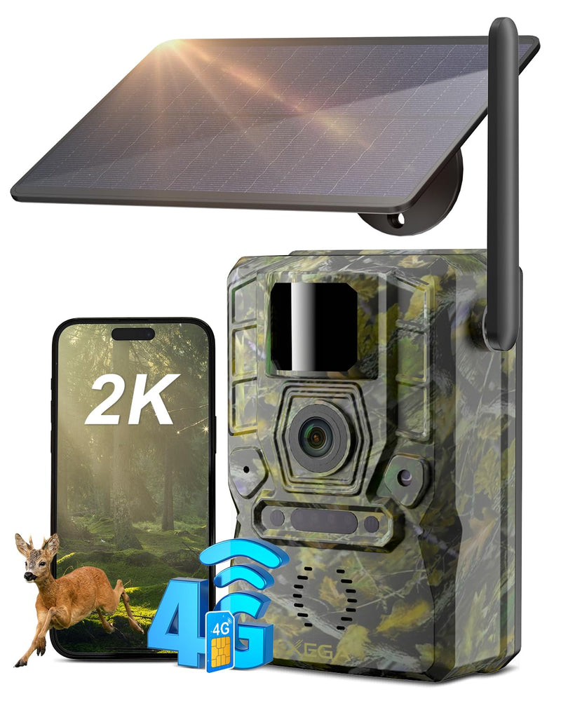 Xega 4G Solar Cellular Trail Camera with Live Feed, 2K GPS 7800mAh Wildlife Camera, No Glow 940nm Night Vision Motion Detection Instant Alarm 2-Way Audio Cloud/TF, Only Support The Build-in SIM Card