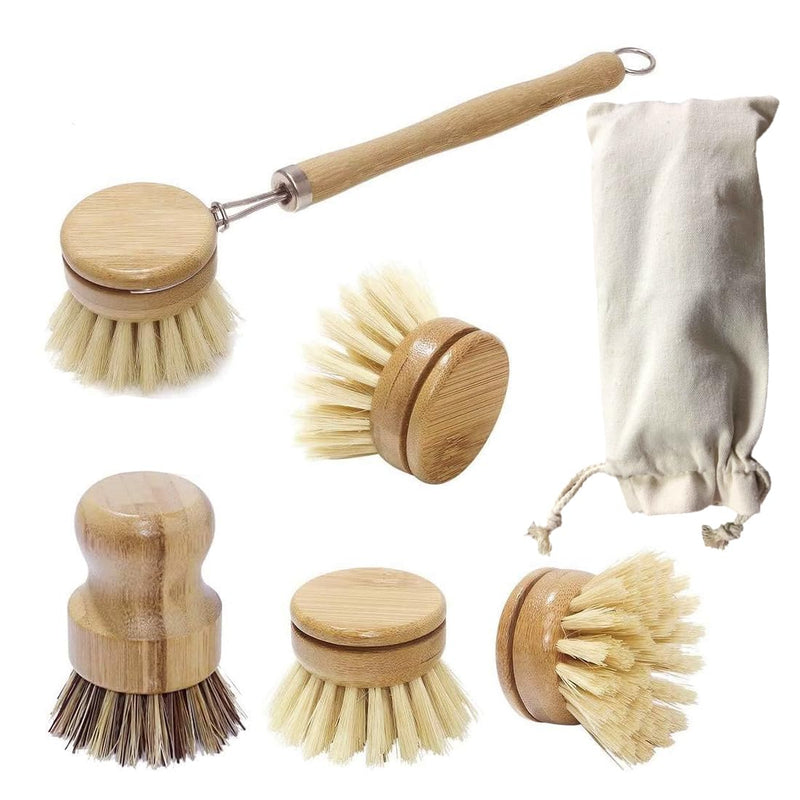 Dish Brush with Wooden Handle, Bamboo Kitchen Cleaning Brush, Natural Dish Scrub Brush for Vegetable, Pots and Pans, Scrubber,Includes 5 Replacement Brush Heads (5Pcs)