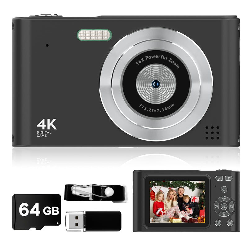 Digital Kids Camera 1080P Vlog Camera with 64GB, Lanyard, 16X Zoom Anti Shake, Card Reader 44MP Compact Portable Point Shoot Digicam for Kid Teen Girl Boy Christmas Halloween Thanksgiving(Black) Black