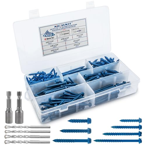 200Pcs 3/16" 1/4" Hex Head Concrete Screws with Drill Bit and Driver bit 200Pcs 1-1/4" to 2-3/4" Slotted Hex Head