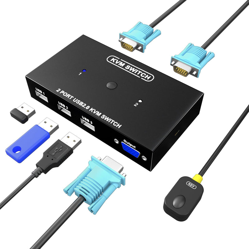 KVM Switch VGA 2 Port, DiamondTiger VGA KVM Switch for 2 Computers Share 1 Monitor & 3 USB 2.0 Keyboard Mouse Scanner Printer,U Disk, Driver-Free for All OS,2 KVM Cables 1 Desktop Controller Included VGA 2PC