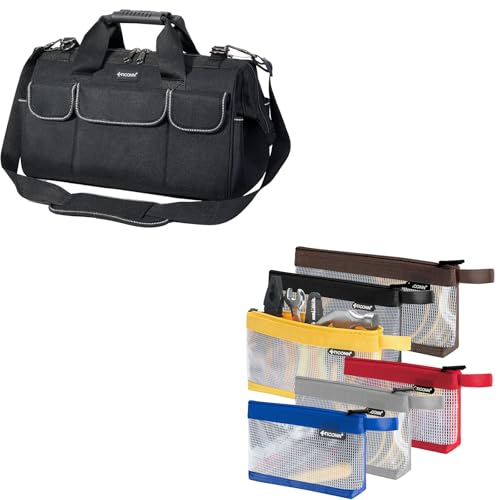 TICONN 16in Tool Bag with Waterproof Soft Bottom + Tool Pouch (6PK Combo)
