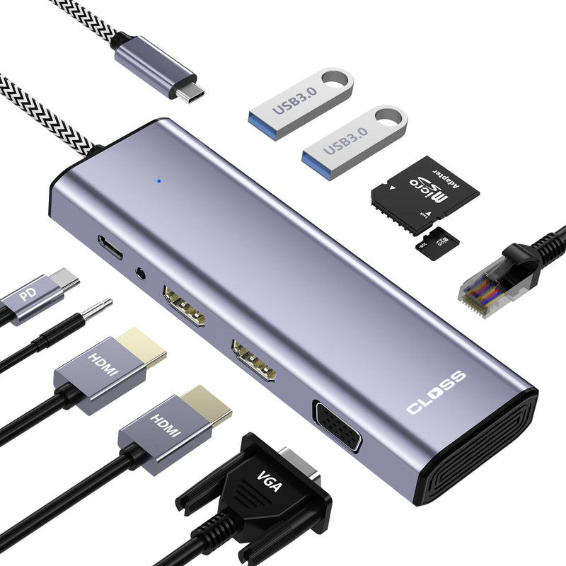 USB C Docking Station 3 Monitor USB-C to Dual HDMI Adapter, 10 in 1 USB Hub with 2 HDMI + VGA + Ethernet + 2 USB+SD/TF+100W PD+Audio for Dell XPS/HP/Lenovo/Surface/Yoga Laptop