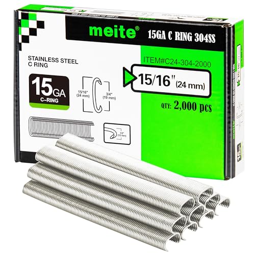 meite 15 Gauge 3/4" Hog Rings, 304 Stainless Steel Hog Ring Staples for SC7C Hog Ring Stapler, C Ring Staples for Construction Mesh, Livestock Fencing, Fishing Traps (2,000 Counts) 304 Stainless Steel-2,000 Counts