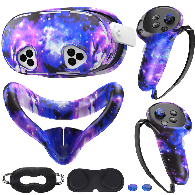 Silicone Cover Set Compatible with Meta/Oculus Quest 3s Accessories, VR Silicone Face Cover, VR Shell Cover,Touch Controller Grip Case,Camera Lens Protector Set (Starry Purple)