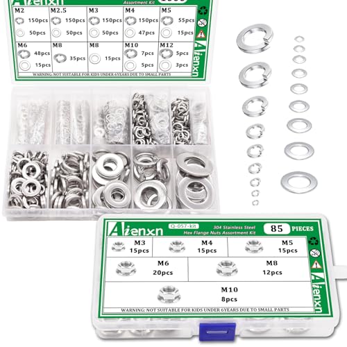 304 Stainless Hex Flange Nuts, Spring Lock Washer and Flat Washer Assortment