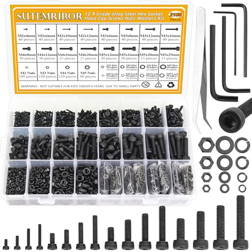 2180 Pieces Black M2 M3 M4 M5 Hex Socket Head Cap Screws Nuts Washers Assortment Kit, Metric Screw Assortment with Hex Wrenches, 12.9 Grade Alloy Steel, Fully Threaded M2/M3/M4/M5
