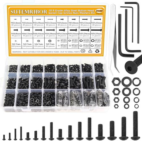 2180 Pieces Black M2 M3 M4 M5 Button Head Socket Cap Screws Nuts Washers Assortment Kit, Metric Screw Assortment with Hex Wrenches, 10.9 Grade Alloy Steel, Fully Threaded M2/M3/M4/M5