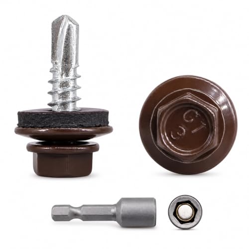 (Pack of 300) Metal Roofing Screws 3/16" x 3/4" (4.8 x 19 mm) Self-Drilling Screws with EPDM Washers Painted Hex Washer Tapping Screw Chocolate Brown RAL 8017 3/16" x 3/4"