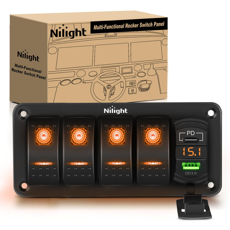 Nilight 4 Gang Rocker Switch Panel with PD Type C and USB Charger Voltmeter 12V SPST ON Off Toggle Switches with Orange Backlit Waterproof Aluminum for Boats Cars RVs Trucks Amber 5 Gang Type C +USB