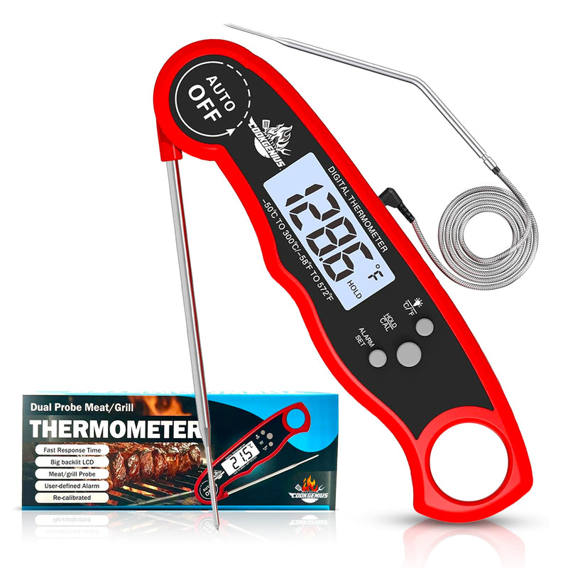 Meat Thermometer Digital with Dual Probe - Ultra-Fast Instant Read Food Thermometers with Backlight & Calibration for Cooking Deep Fry BBQ Oven Grill Roast Candy Thermometer & Kitchen Essentials - Red
